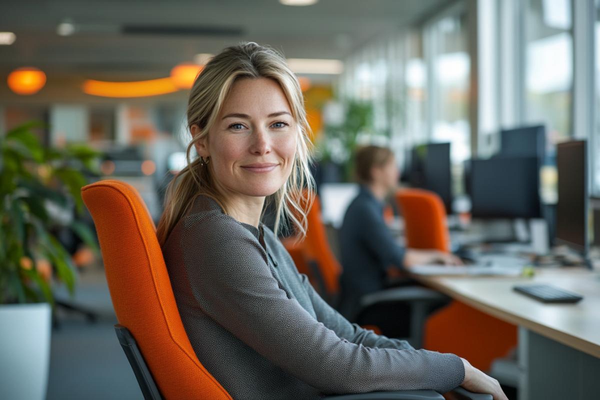 En kontorarbeider smiler inn i kamera etter å jobbet med nye KI-verktøy.