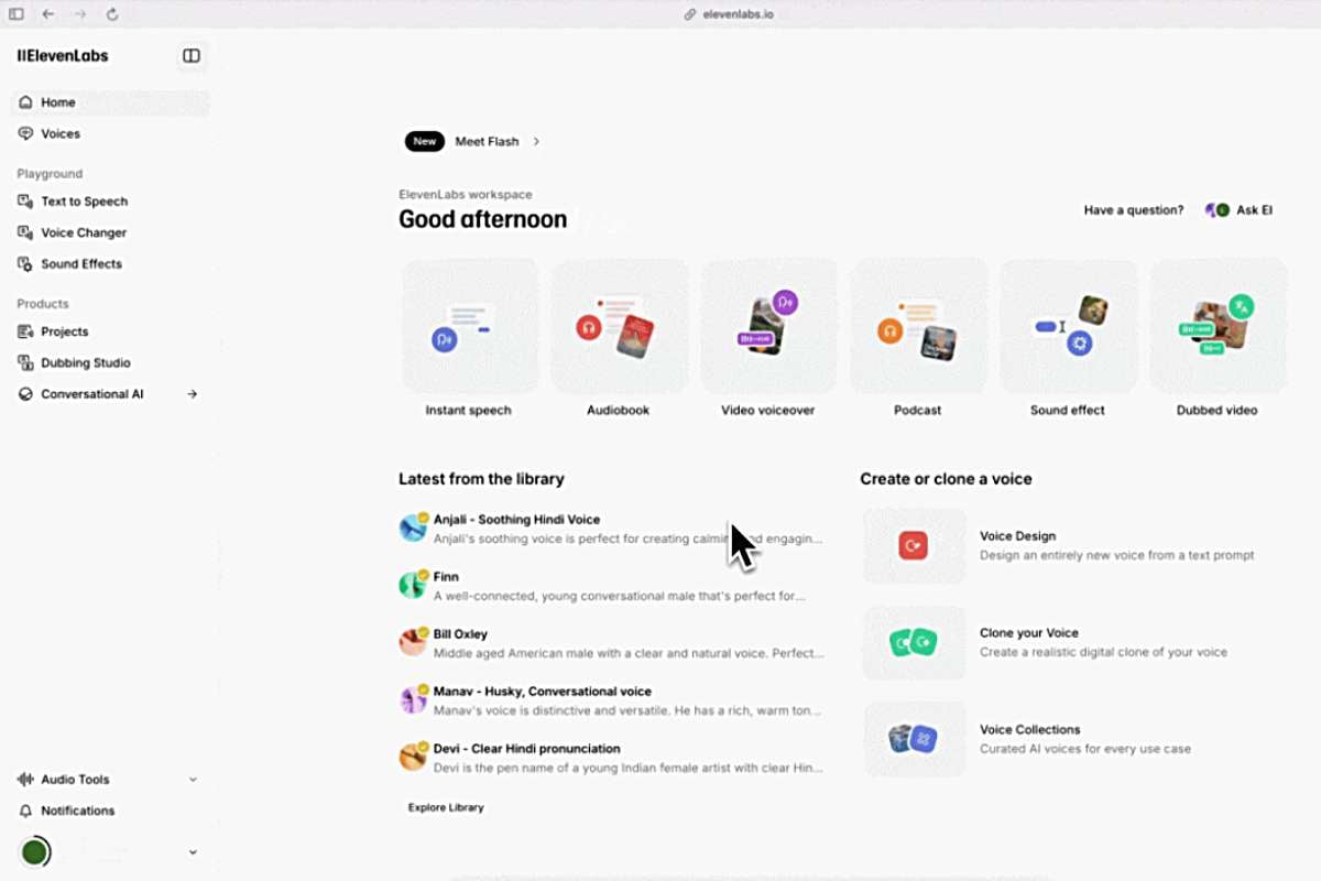 Skjermbilde av ElevenLabs interface.