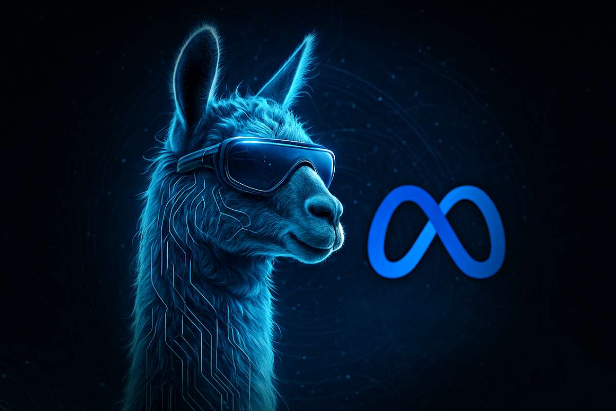 En Lama med solbriller i cyberspace + Meta logo.