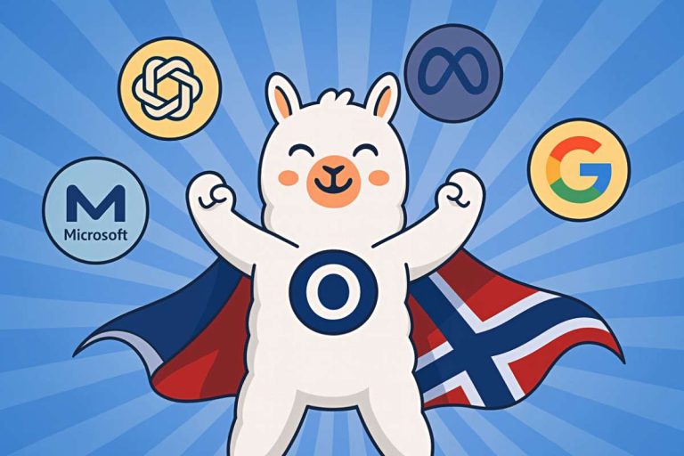 Ollama sin maskot med en kappe laget av et norsk flagg - omringet av LLM-logoer.