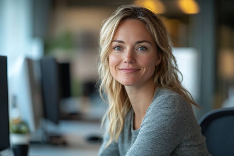 En kontorarbeider smiler inn i kamera fordi de møtes med ansvarlig AI integrasjon.