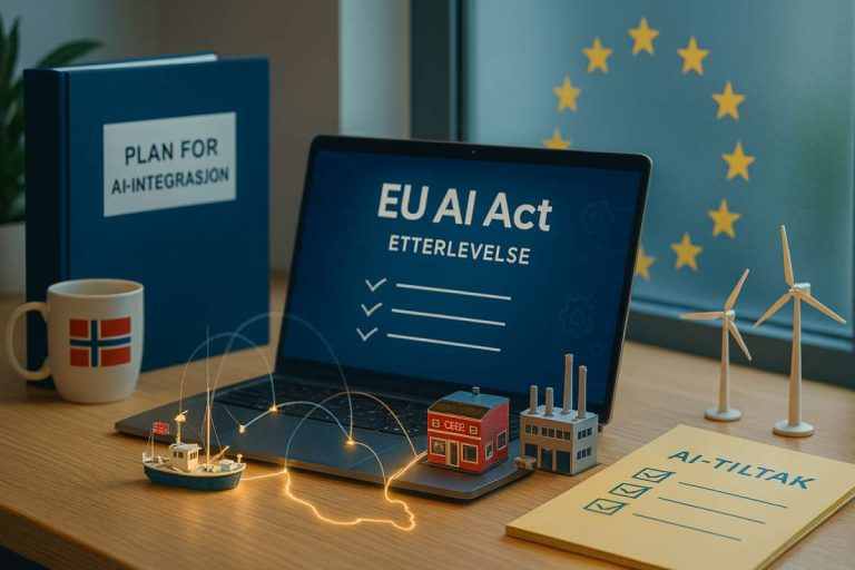 En åpen laptop der det står skrevet med store bokstaver EU AI ACT på skjermen.