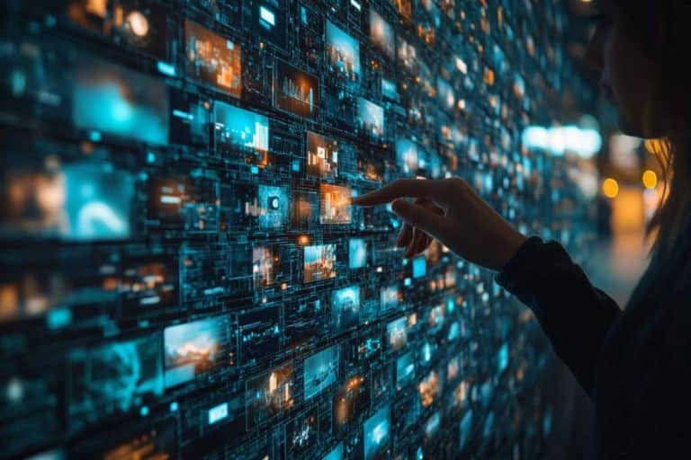 En bedriftsleder velger AI-agenter til et multi-agent-system fra en vegg av små skjermer.