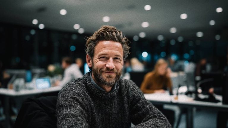 En kontorarbeider smiler mens agentflyt effektiviserer alt arbeid bak han på kontoret.