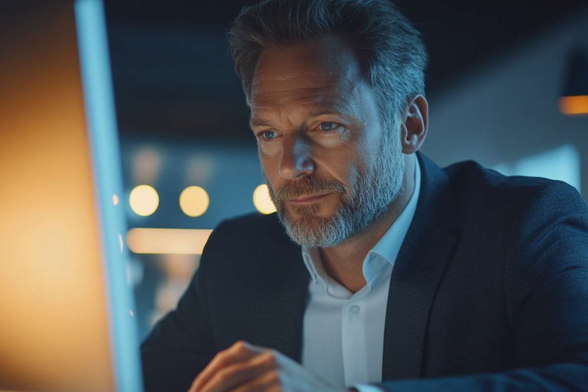 En leder foran en pc-skjerm, tar kontroll over AI-agentene med operativ KI-kontroll.