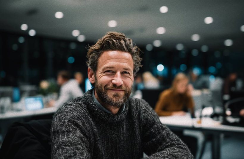 En kontorarbeider smiler mens agentflyt effektiviserer alt arbeid bak han på kontoret.