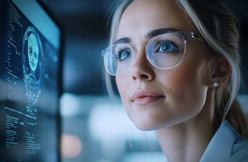 En medarbeider kommuniserer med AI-agenter på en skjerm mens hun ser ut i luften.