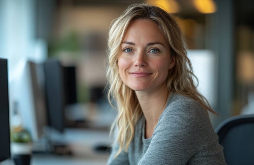 En kontorarbeider smiler inn i kamera fordi de møtes med ansvarlig AI integrasjon.