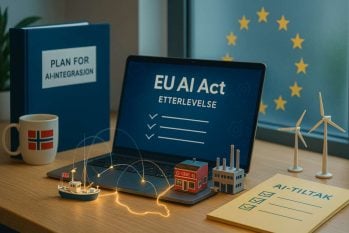 En åpen laptop der det står skrevet med store bokstaver EU AI ACT på skjermen.