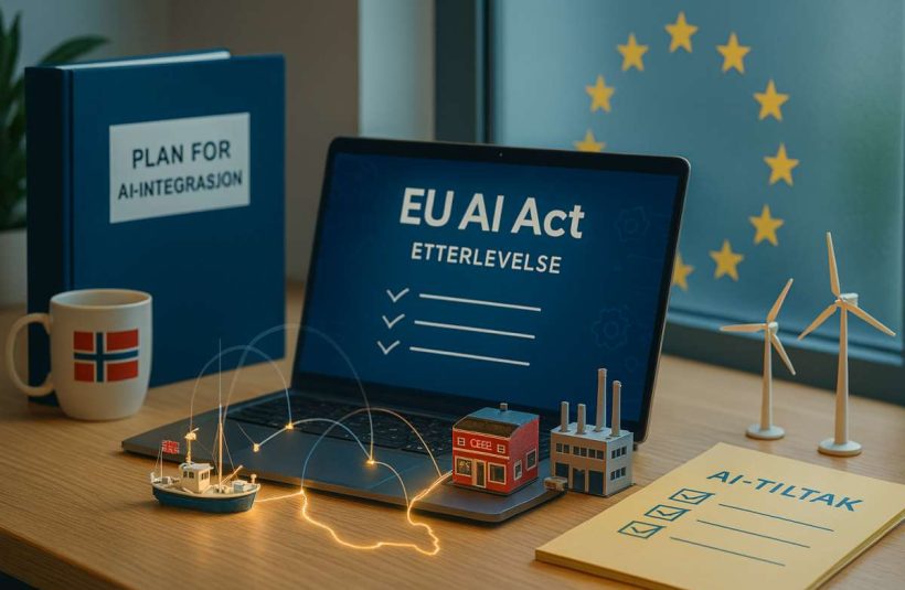 En åpen laptop der det står skrevet med store bokstaver EU AI ACT på skjermen.