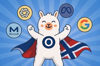 Ollama sin maskot med en kappe laget av et norsk flagg - omringet av LLM-logoer.