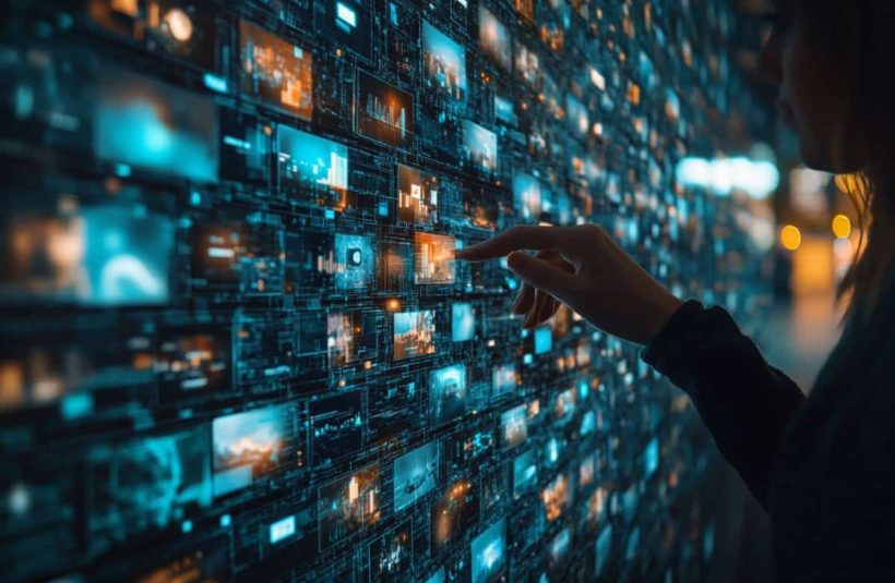 En bedriftsleder velger AI-agenter til et multi-agent-system fra en vegg av små skjermer.